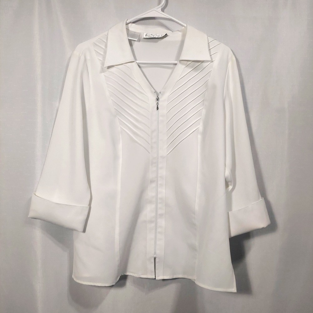 Kathy Che Womens 12 Stretch Blouse 3/4 Cuff Sleeves Collar Zipper "Tiny Flaw"